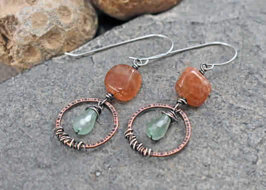 Sunstone, Green Chalcedony, Mixed Metal Earrings, Copper Sterling Silver Rustic Orange Gemstone Artisan Jewelry