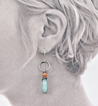 Chatoyant Green Moonstone, Sunstone and Sterling Silver Wire Earrings, Artisan Handmade Jewelry