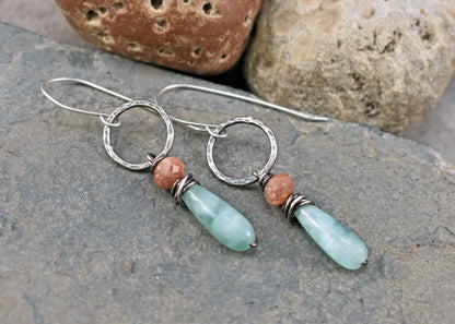 Sterling silver earrings with green and orange gemstones