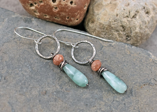 Sterling silver earrings with green and orange gemstones