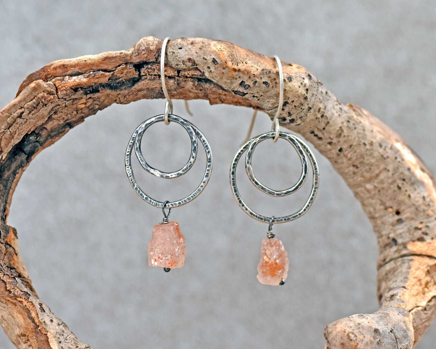 Raw Sunstone Earrings Sterling Silver, Natural Rough Orange Stone Gemstone Dangles, Unique Artisan Circle Jewelry