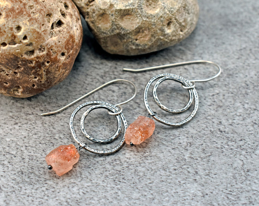Raw Sunstone Earrings Sterling Silver, Natural Rough Orange Stone Gemstone Dangles, Unique Artisan Circle Jewelry