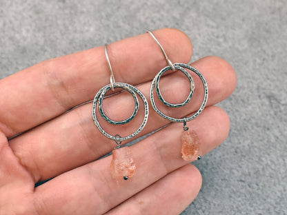 Raw Sunstone Earrings Sterling Silver, Natural Rough Orange Stone Gemstone Dangles, Unique Artisan Circle Jewelry