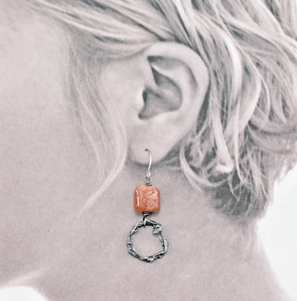 Orange Sunstone and Sterling Silver Earrings, Organic Artisan Silversmith Jewelry