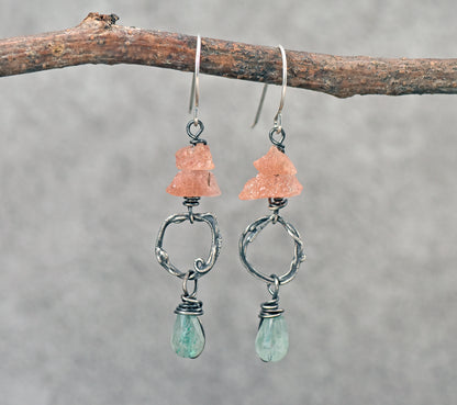 Sunstone, Green Chalcedony and Sterling Silver Circle Earrings, Artisan Handmade Jewelry