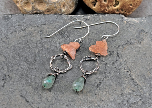 Sunstone, Green Chalcedony and Sterling Silver Circle Earrings, Artisan Handmade Jewelry