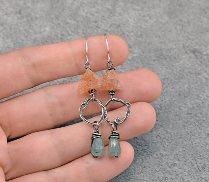 Sunstone, Green Chalcedony and Sterling Silver Circle Earrings, Artisan Handmade Jewelry