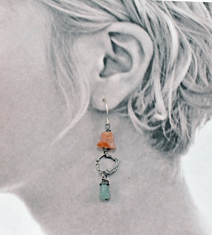 Sunstone, Green Chalcedony and Sterling Silver Circle Earrings, Artisan Handmade Jewelry