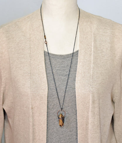 Tiger's Eye Double Terminated Point Necklace, Brown Gold Stone and Copper Pendant
