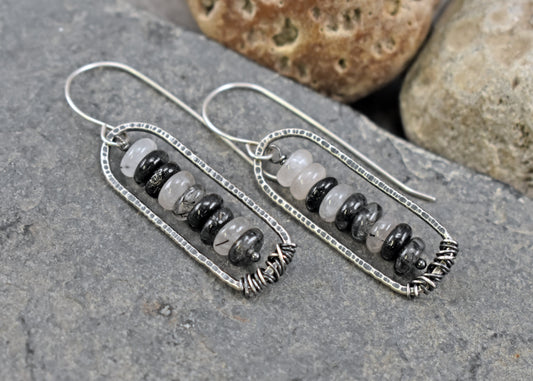Tourmalinated Quartz and Sterling Silver Dangle Earrings, Rustic Black and White Jewelry