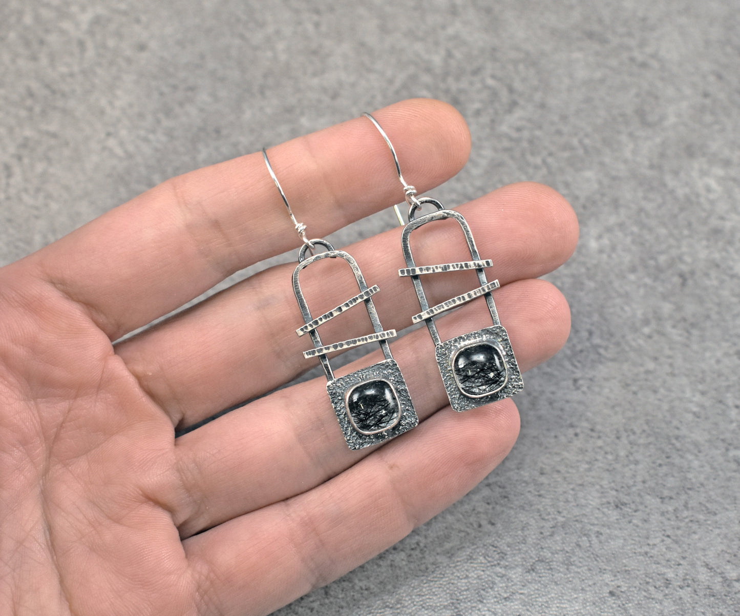 Tourmalinated Quartz and Sterling Silver Statement Dangle Earrings