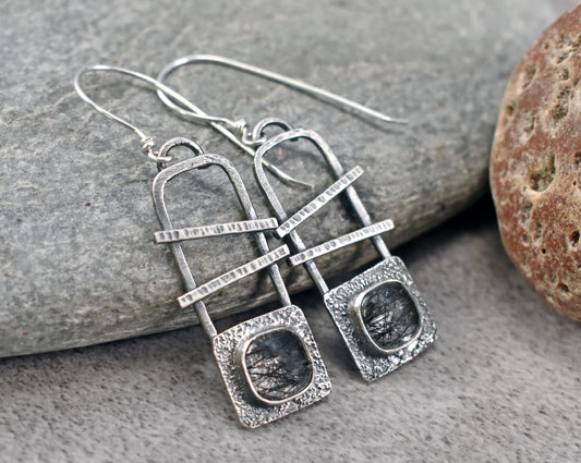 Tourmalinated Quartz and Sterling Silver Statement Dangle Earrings