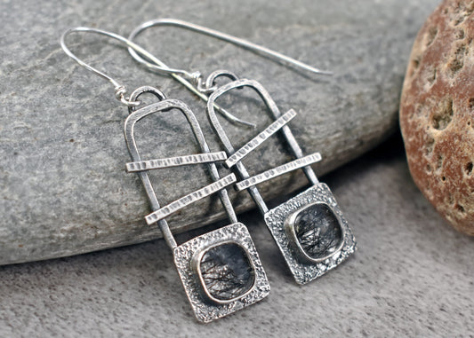 Tourmalinated Quartz and Sterling Silver Statement Dangle Earrings