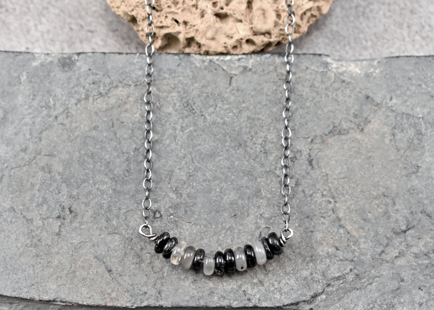 Simple Tourmalinated Quartz and Sterling Silver Necklace, Natural Rustic Black and White Gemstone Jewelry