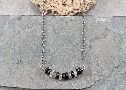 Simple Tourmalinated Quartz and Sterling Silver Necklace, Natural Rustic Black and White Gemstone Jewelry