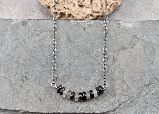 Simple Tourmalinated Quartz and Sterling Silver Necklace, Natural Rustic Black and White Gemstone Jewelry