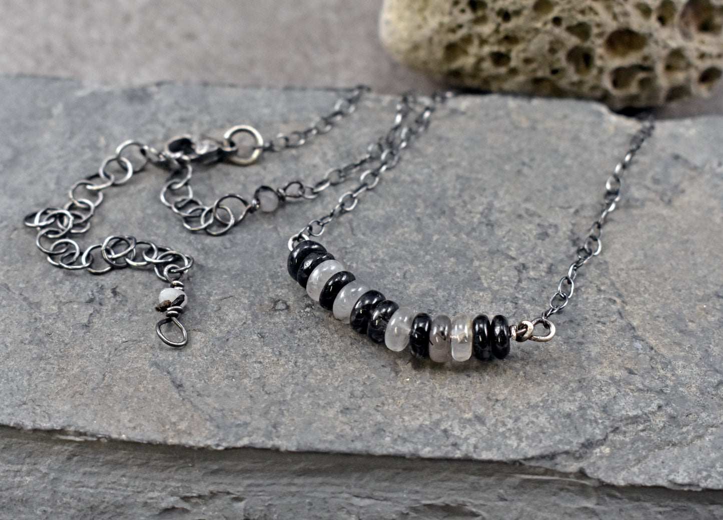 Simple Tourmalinated Quartz and Sterling Silver Necklace, Natural Rustic Black and White Gemstone Jewelry