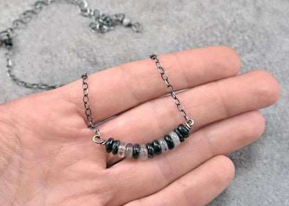 Simple Tourmalinated Quartz and Sterling Silver Necklace, Natural Rustic Black and White Gemstone Jewelry