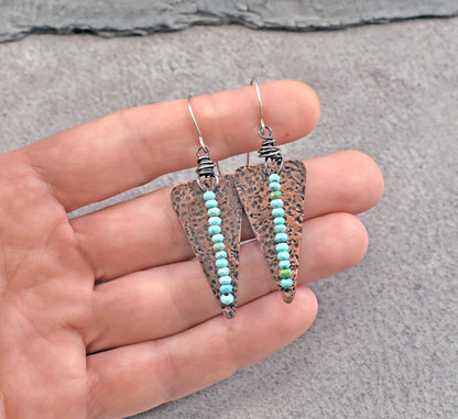 Turquoise Mixed Metal Statement Earrings, Copper Triangle and Sterling Silver Dangles, Unique Light Blue Gemstone Jewelry