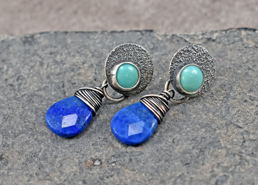 Turquoise, Faceted Lapis Lazuli Teardrop and Sterling Silver Post Dangle Earrings, Rustic Silversmith Jewelry