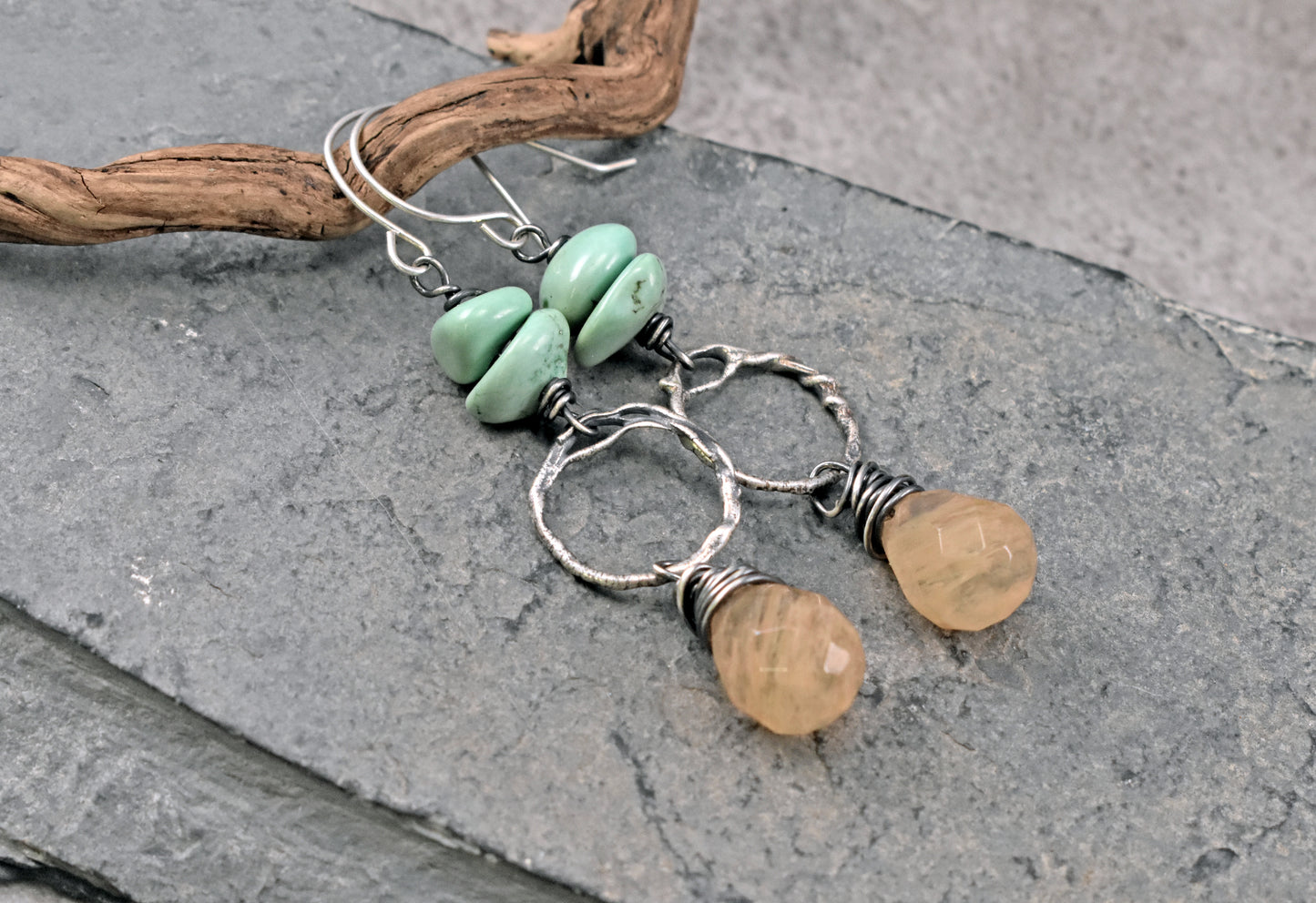 Turquoise, Golden Rutilated Quartz and Sterling Silver Circle Earrings, Organic Yellow Green Gemstone Artisan Jewelry