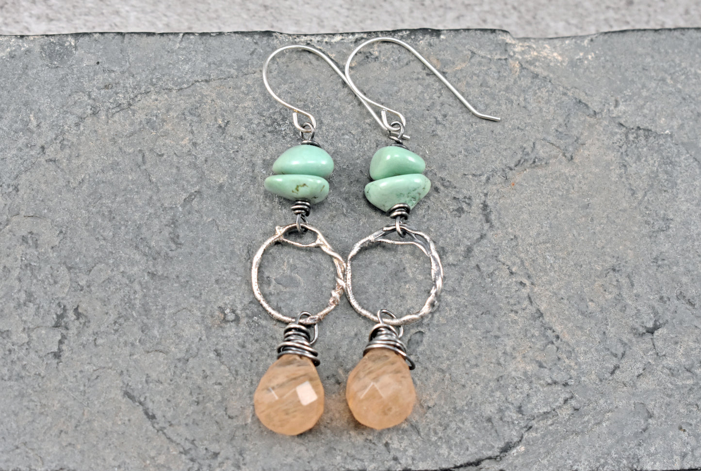 Turquoise, Golden Rutilated Quartz and Sterling Silver Circle Earrings, Organic Yellow Green Gemstone Artisan Jewelry