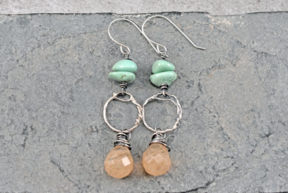 Turquoise, Golden Rutilated Quartz and Sterling Silver Circle Earrings, Organic Yellow Green Gemstone Artisan Jewelry