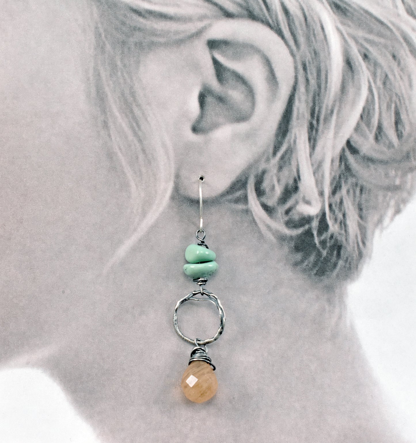 Turquoise, Golden Rutilated Quartz and Sterling Silver Circle Earrings, Organic Yellow Green Gemstone Artisan Jewelry