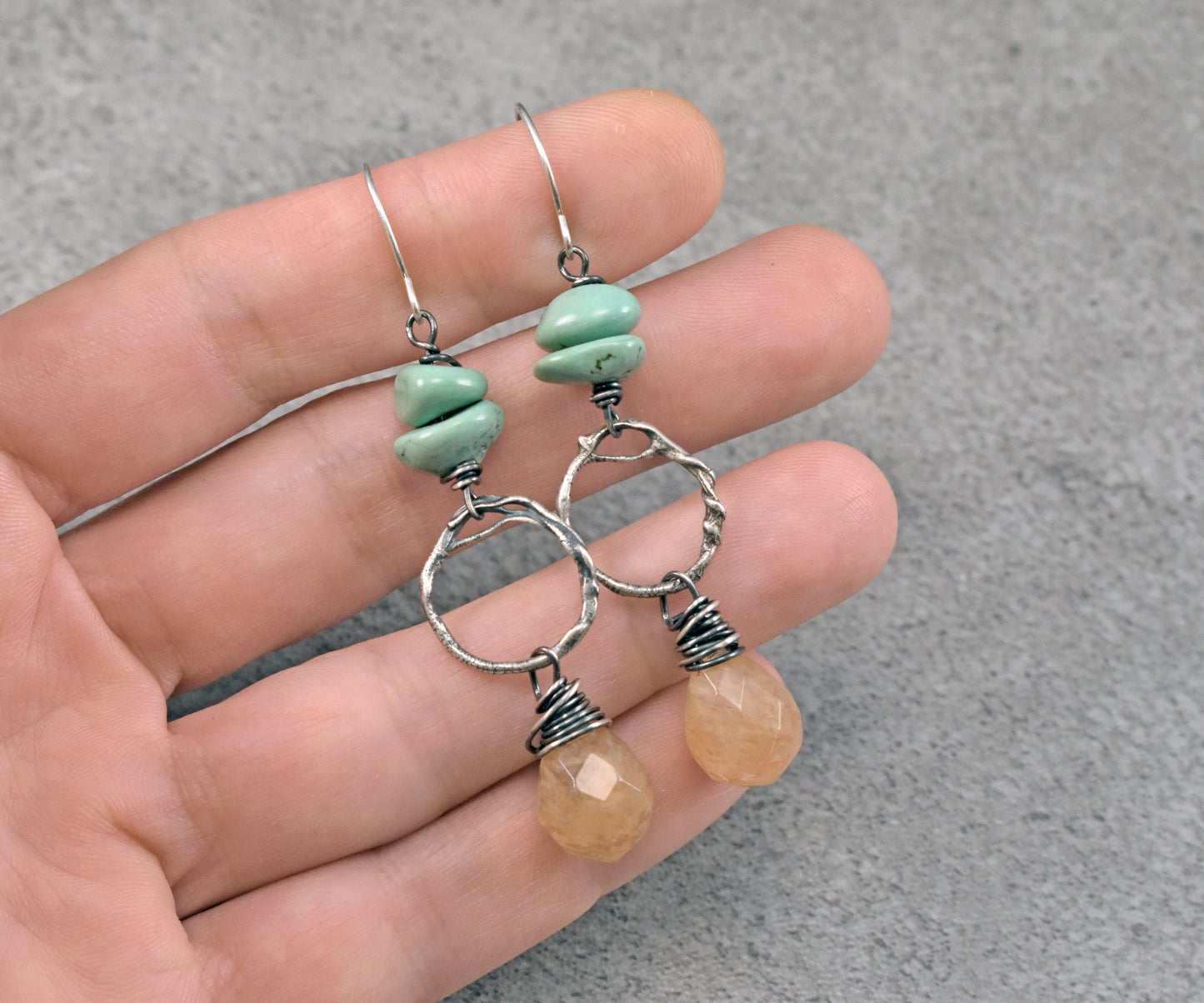 Turquoise, Golden Rutilated Quartz and Sterling Silver Circle Earrings, Organic Yellow Green Gemstone Artisan Jewelry