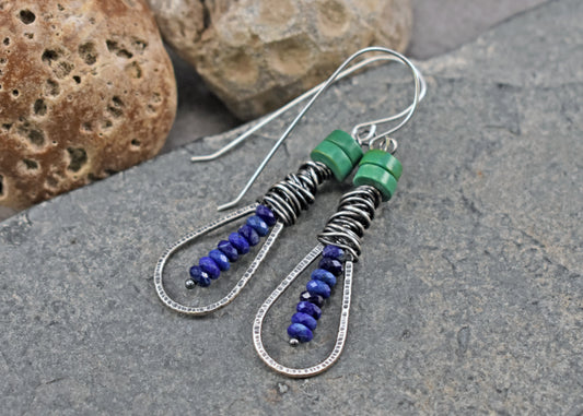 Turquoise, Lapis Lazuli and Sterling Silver Teardrop Earrings, Rustic Boho Jewelry Handmade