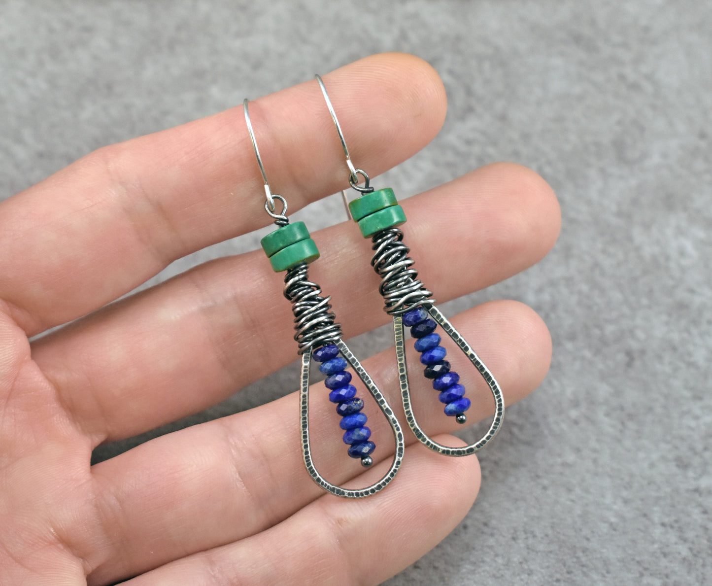Turquoise, Lapis Lazuli and Sterling Silver Teardrop Earrings, Rustic Boho Jewelry Handmade
