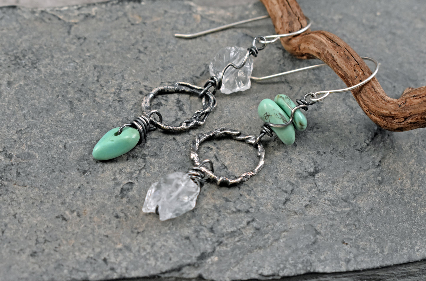Turquoise, Raw Quartz and Sterling Silver Asymmetrical Circle Earrings, Organic Rough Gemstone Artisan Jewelry