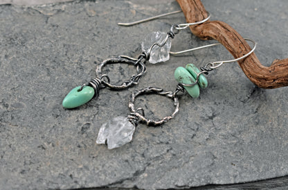 Turquoise, Raw Quartz and Sterling Silver Asymmetrical Circle Earrings, Organic Rough Gemstone Artisan Jewelry