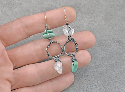 Turquoise, Raw Quartz and Sterling Silver Asymmetrical Circle Earrings, Organic Rough Gemstone Artisan Jewelry