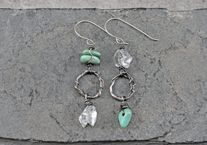 Turquoise, Raw Quartz and Sterling Silver Asymmetrical Circle Earrings, Organic Rough Gemstone Artisan Jewelry