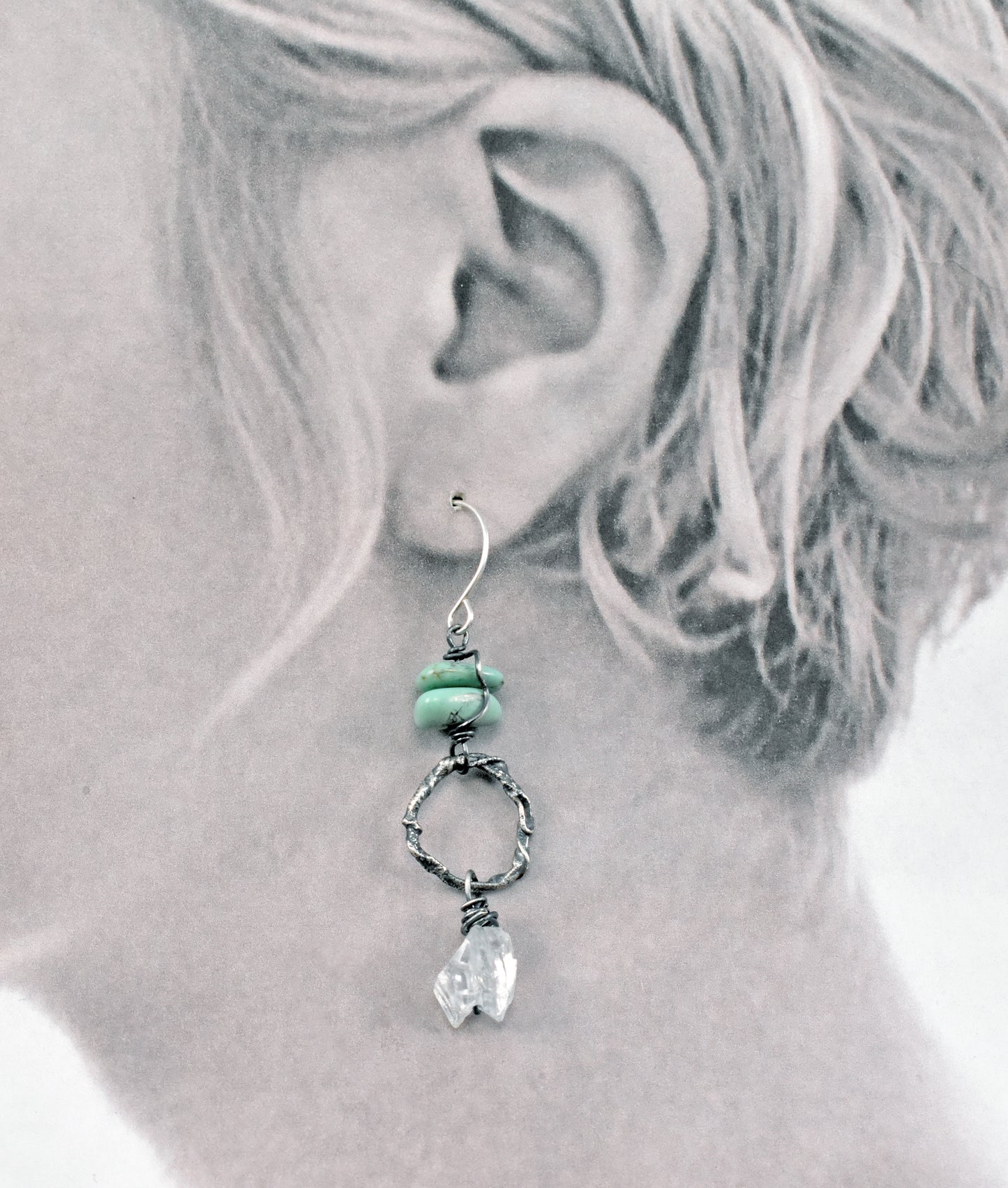Turquoise, Raw Quartz and Sterling Silver Asymmetrical Circle Earrings, Organic Rough Gemstone Artisan Jewelry