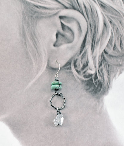 Turquoise, Raw Quartz and Sterling Silver Asymmetrical Circle Earrings, Organic Rough Gemstone Artisan Jewelry