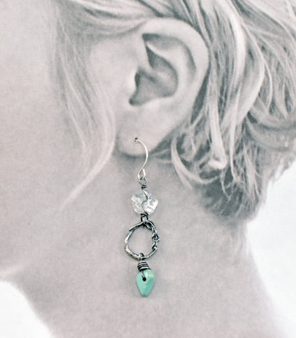 Turquoise, Raw Quartz and Sterling Silver Asymmetrical Circle Earrings, Organic Rough Gemstone Artisan Jewelry