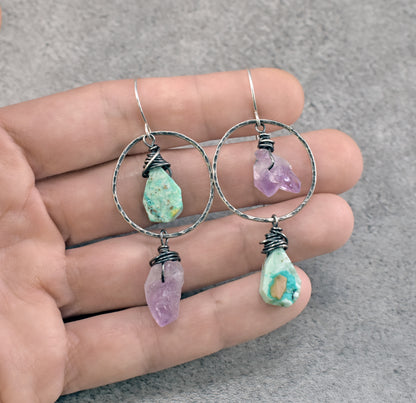 Turquoise and Amethyst Asymmetrical Sterling Silver Earrings, Blue and Purple Handmade Jewelry