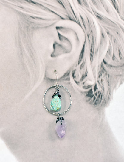 Turquoise and Amethyst Asymmetrical Sterling Silver Earrings, Blue and Purple Handmade Jewelry