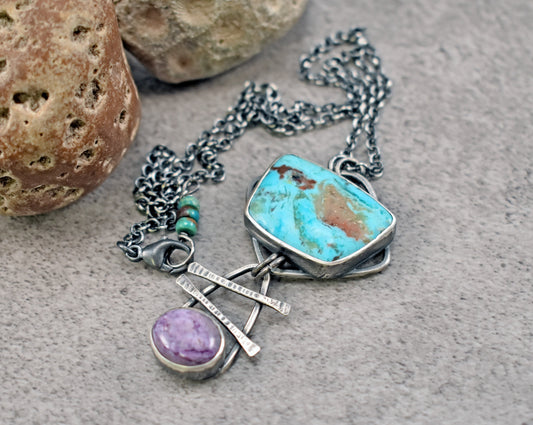 Turquoise, Charoite and Sterling Silver Necklace, Rustic Silversmith Pendant, Artisan Handmade Jewelry