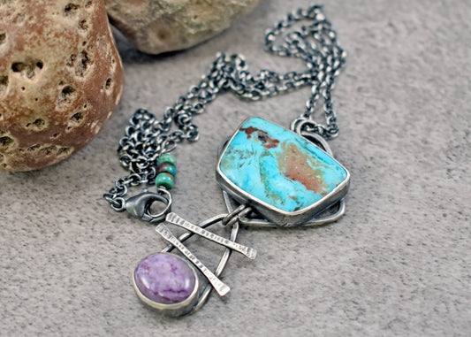 Turquoise, Charoite and Sterling Silver Necklace, Rustic Silversmith Pendant, Artisan Handmade Jewelry