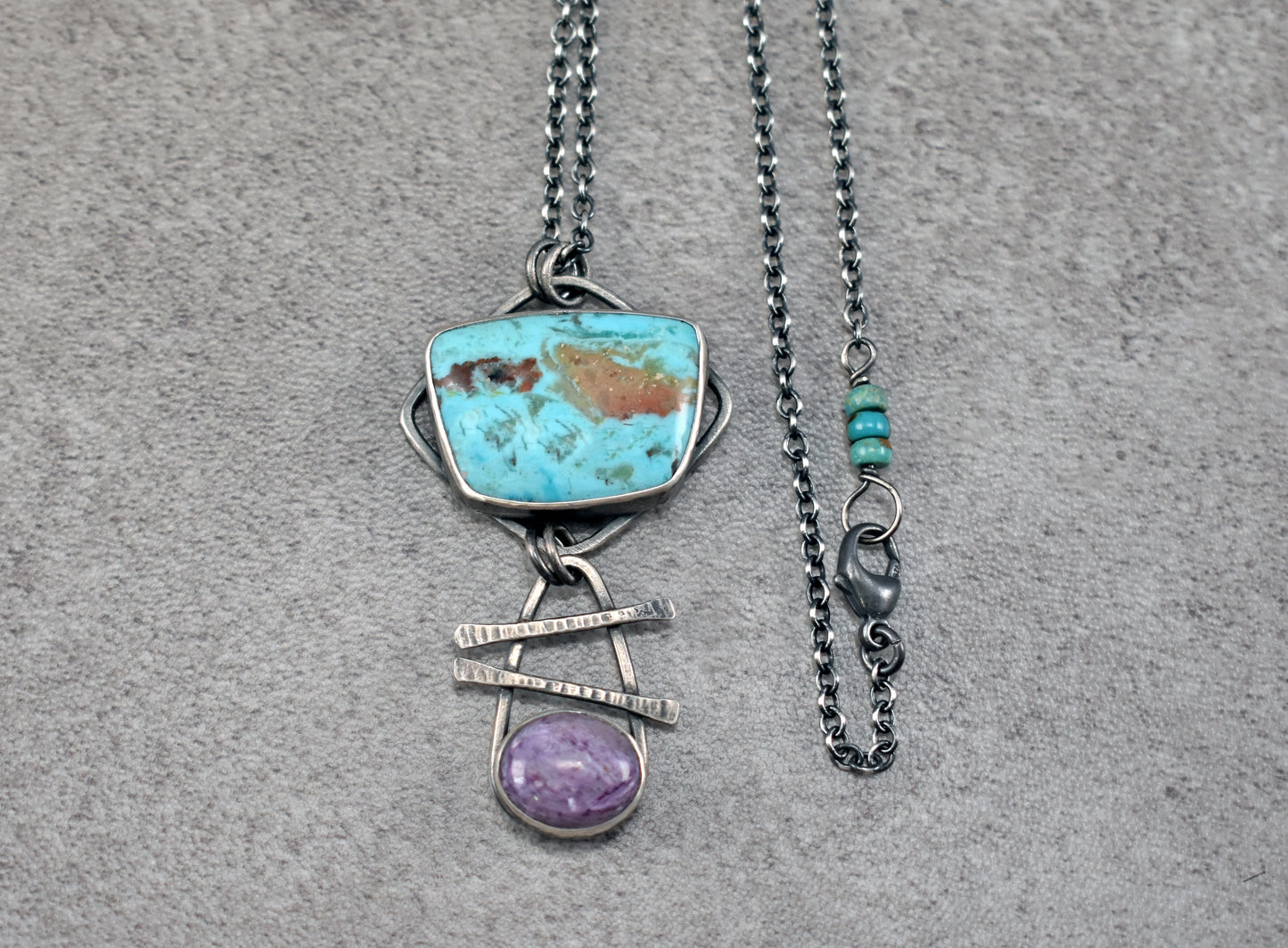 Turquoise, Charoite and Sterling Silver Necklace, Rustic Silversmith Pendant, Artisan Handmade Jewelry