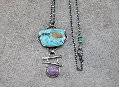 Turquoise, Charoite and Sterling Silver Necklace, Rustic Silversmith Pendant, Artisan Handmade Jewelry