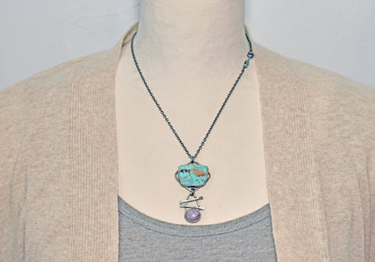 Turquoise, Charoite and Sterling Silver Necklace, Rustic Silversmith Pendant, Artisan Handmade Jewelry