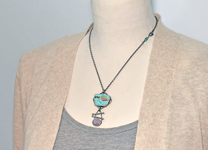 Turquoise, Charoite and Sterling Silver Necklace, Rustic Silversmith Pendant, Artisan Handmade Jewelry