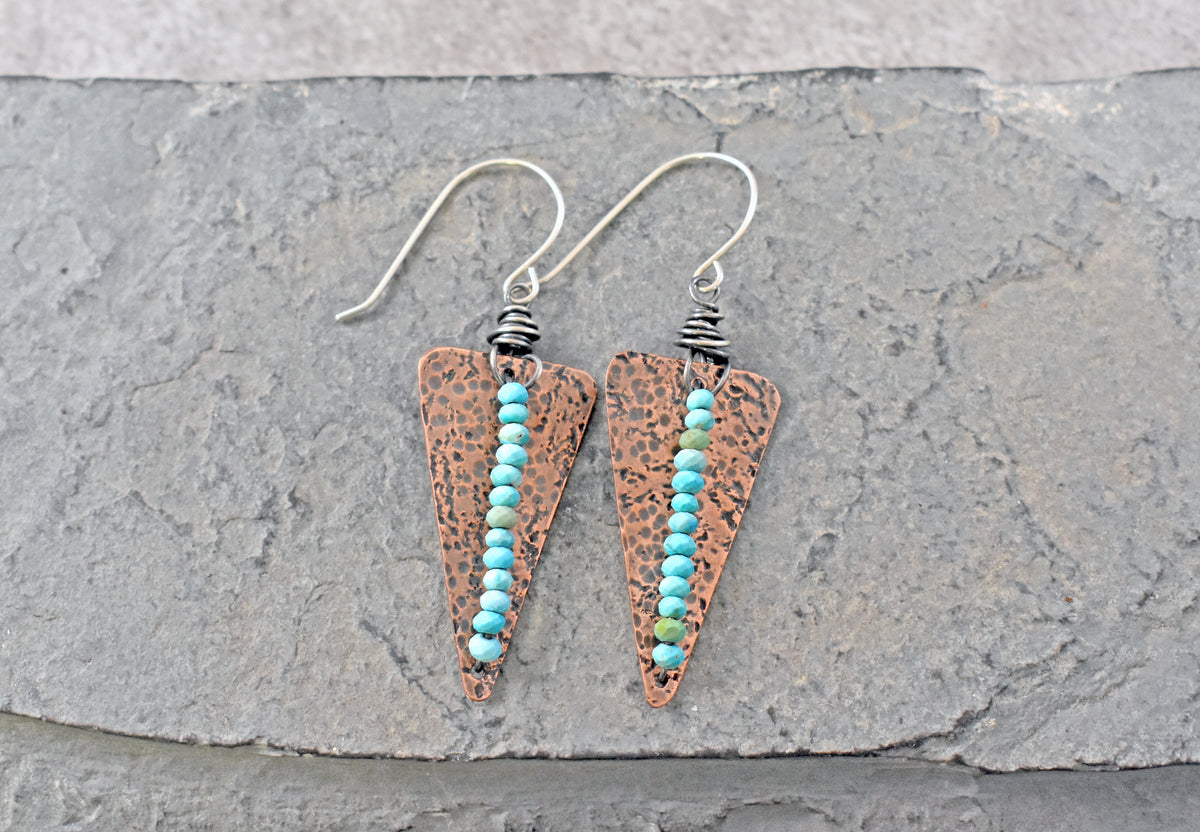 Turquoise Mixed Metal Statement Earrings, Copper Triangle and Sterling Silver Dangles, Unique Light Blue Gemstone Jewelry