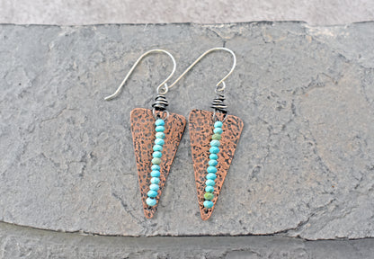 Turquoise Mixed Metal Statement Earrings, Copper Triangle and Sterling Silver Dangles, Unique Light Blue Gemstone Jewelry
