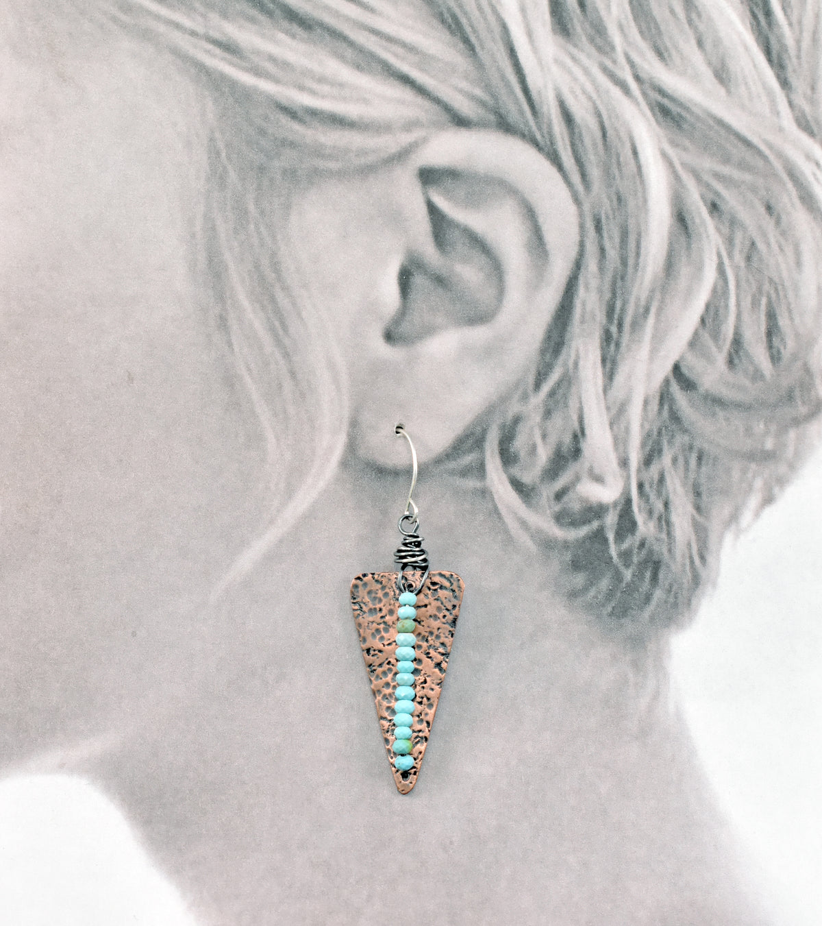 Turquoise Mixed Metal Statement Earrings, Copper Triangle and Sterling Silver Dangles, Unique Light Blue Gemstone Jewelry