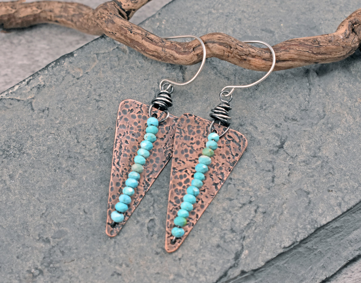 Turquoise Mixed Metal Statement Earrings, Copper Triangle and Sterling Silver Dangles, Unique Light Blue Gemstone Jewelry